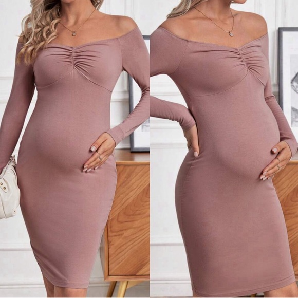 Maternity Off Shoulder Fitted Party Evening Dress - Picture 1 of 8